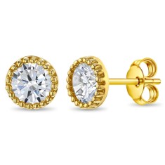 Cercei din aur 14k, cu margini cu bilute si piatra cubic Zirconia 6 mm, pentru Adolescente si Femei