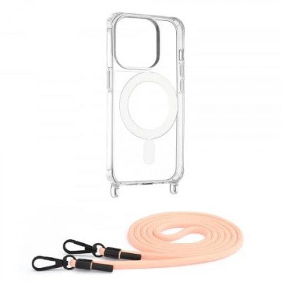 Husa transparenta Apple iPhone 15 Pro cu snur Roz Techsuit MagSafe Crossbody foto