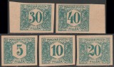 1919 Romania - 5 Eseuri nedantelate Porto, valori diferite, Ocupatia Romana Debretin II (desene originale)