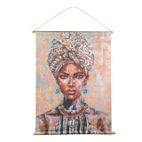 Tablou Textil Etnic Figura Femeie, 76 x 97 cm, suport lemn