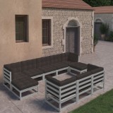vidaXL Set șezlonguri grădină cu perne, 10 piese, gri, lemn masiv pin 3077166