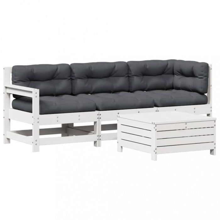 Set mobilier de gradina cu perne, 4 piese alb lemn masiv de pin