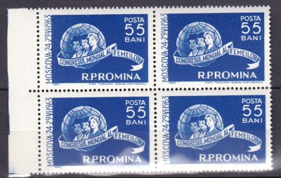 ROMANIA 1963 LP 562 CONGRESUL MONDIAL AL FEMEILOR MOSCOVA BLOC DE 4 TIMBRE MNH foto