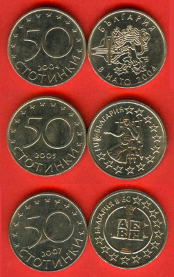 BULGARIA SET COMPLET DE MONEDE COMEMORATIV 50+50+50 Stotinki 2004 2005 2007 UNC foto