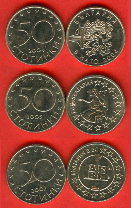 BULGARIA SET COMPLET DE MONEDE COMEMORATIV 50+50+50 Stotinki 2004 2005 2007 UNC
