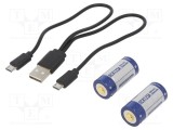 Acumul: Li-Ion 16340 3V 860mAh &Oslash;16,7x36mm Kit: cablu USB 2buc.