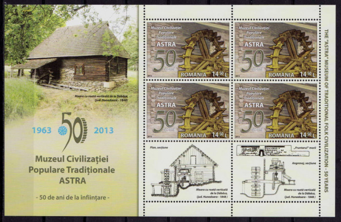 RO 2013 LP 2001b,&quot;Muzeul Civilizatiei ASTRA - 50 ani&quot;, mcoala 4M+2V+mans, MNH