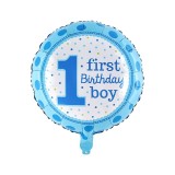 Balon din folie metalizata, flippy, prima aniversare, model first birthday boy, 45 cm, ambalaj individual, pai inclus, umflare cu aer sau heliu, albas