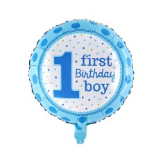Balon din folie metalizata, flippy, prima aniversare, model first birthday boy, 45 cm, ambalaj individual, pai inclus, umflare cu aer sau heliu, albas