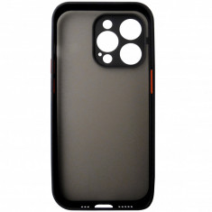 Husa spate policarbonat gri semitransparent + TPU negru, butoane rosii, pentru Apple iPhone 14 Pro
