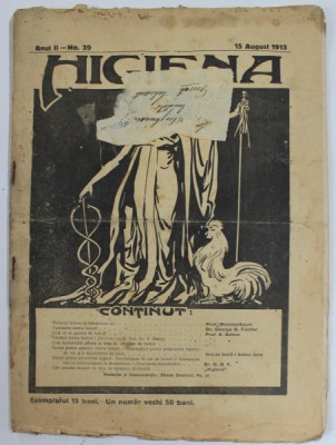 HIGIENA , REVISTA PENTRU PREINTAMPINAREA BOLILOR SI PASTRAREA SANATATII , ANUL II , NR. 39 , 15 AUG. 1913 foto