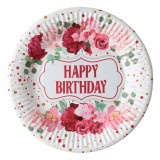 Farfurii Carton Petrecere, Model Floral, Multicolor, 18 cm, Set 6 Bucăți, Inscripție Happy Birthday, Oem