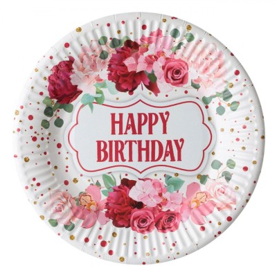 Farfurii Carton Petrecere, Model Floral, Multicolor, 18 cm, Set 6 Bucăți, Inscripție Happy Birthday foto