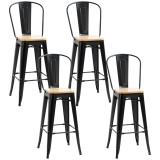 HOMCOM, Set de 4 taburete de bar, stil industrial, cu spătar, suport pentru picioare, &icirc;nălțime 76 cm, Negru | Aosom Romania