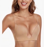 Cumpara ieftin Sutien Deep V Push-Up, Lemorosy L01, decolteu adanc U-Shape, Push Up Natural, bretele multipozitie, ideal rochii, marime 80B, Bej