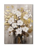 Cumpara ieftin Tablou flori albe cu auriu pictat manual, 70x50cm ulei pe panza in cutit efect 3D, Valentin Pop