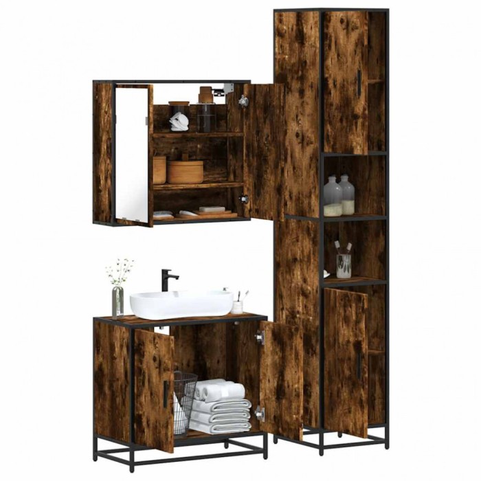 Gossi set mobilier de baie, 3 piese, stejar fumuriu, lemn prelucrat