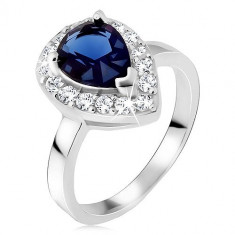 Inel argint, ştras albastru în formă de lacrimă cu contur din zirconiu - Marime inel: 53