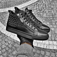 Sneakers pentru barbati, negru, handmade, piele naturala, cu tinte, peste glezna - BB282 foto