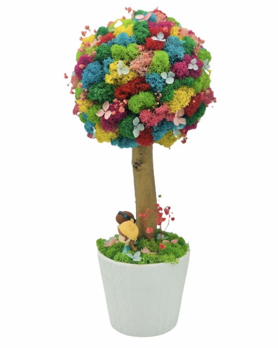 Aranjament floral tip Copacel Pomisor cu licheni naturali stabilizati si plante naturale criogenate si uscate, Eventissimi, Multicolor, 36 cm, vaza ce