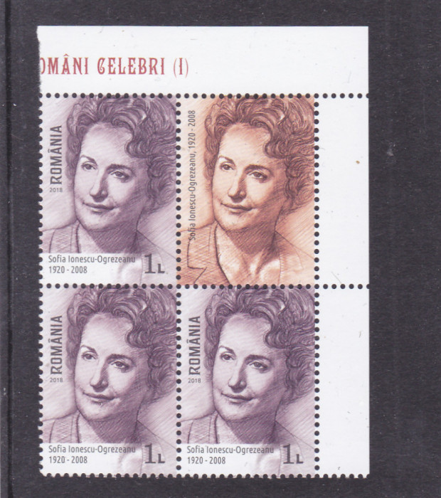 ROMANI CELEBRI I--SOFIA IONESCU OGREZEANU BLOC DE 4 CU VIGNETA--2018 MNH