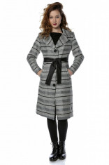 Palton dama din stofa cu dungi orizontale si cordon din piele ecologica PF27 foto