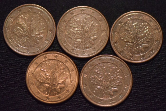5 euro cent Germania - 2002 A,D,F,G, J