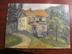 PVM - &quot;Casa in Padure&quot; ulei pe carton semnatura acoperita ulterior cu vopsea