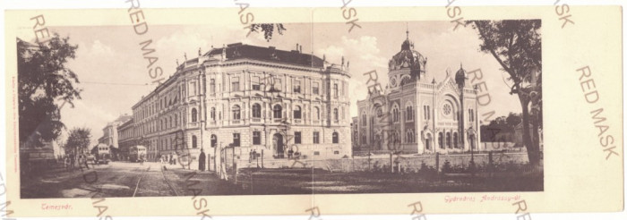 5071 - TIMISOARA, Synagogue, Tramway, Romania - old double postcard - unused