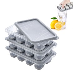 Set 3 Forme Pentru Cuburi De Gheata Koken, Matrita din Plastic PP, Silicon alimentar, 24 cuburi, cu Capac, BPA Free, Gri, 12x7x4 cm
