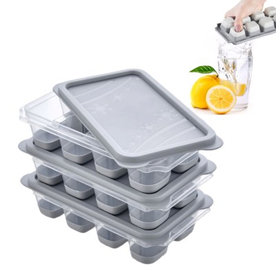 Set 3 Forme Pentru Cuburi De Gheata Koken, Matrita din Plastic PP, Silicon alimentar, 24 cuburi, cu Capac, BPA Free, Gri, 12x7x4 cm foto