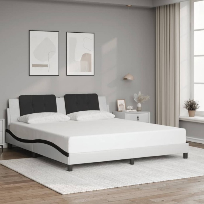 Cadru de pat cu tăblie alb și negru 180x200cm piele artificială