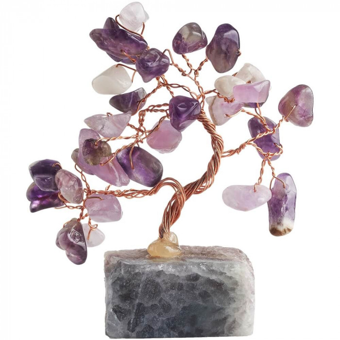 Copac cu cristale de Ametist, pietrele divinitatii si iubirii, suport piatra semipretioasa, 8 cm