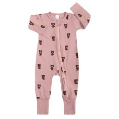 Salopeta pijama Edman bebe/copii Teddybear cu maneca lunga, fermoar reversibil, bumbac, 3-6 luni, Roz pal