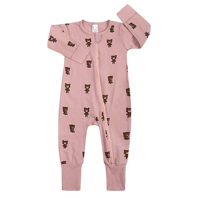 Salopeta pijama Edman bebe/copii Teddybear cu maneca lunga, fermoar reversibil, bumbac, 6-12 luni, Roz pal foto