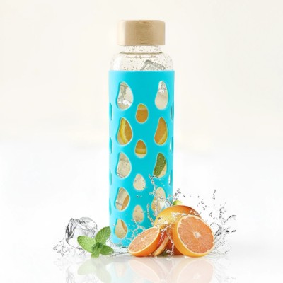 Sticla borosilicata Koken 550ml cu capac bambus, husa silicon antiderapanta, rezistenta la rece/fierbinte, pentru apă/suc/ceai/cafea, 23x6 cm, Turcoaz foto
