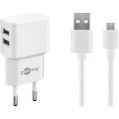 Incarcator de retea dual Goobay, USB, cablu micro USB, 2.4 A, alb foto