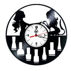 Ceas de perete din disc vinil, Tematică Salon Manichiură/Nails, Design Retro-Modern, Negru, 30 cm