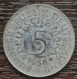 (A842) MONEDA DIN ARGINT GERMANIA - 5 MARK 1958, LIT G, 11,2 GRAME. PURITATE 625, Europa