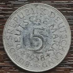 (A842) MONEDA DIN ARGINT GERMANIA - 5 MARK 1958, LIT G, 11,2 GRAME. PURITATE 625