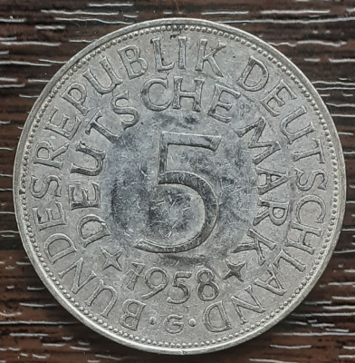 (A842) MONEDA DIN ARGINT GERMANIA - 5 MARK 1958, LIT G, 11,2 GRAME. PURITATE 625 foto