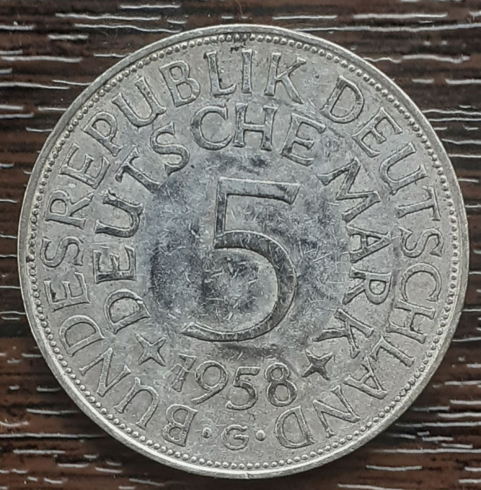 (A842) MONEDA DIN ARGINT GERMANIA - 5 MARK 1958, LIT G, 11,2 GRAME. PURITATE 625