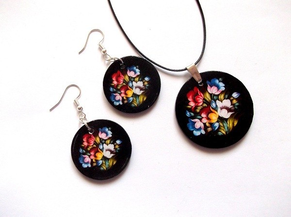 set bijuterii lemn cu flori 40682