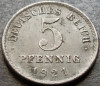 Moneda istorica 5 PFENNIG - GERMANIA / IMPERIUL GERMAN, anul 1921 *cod 3161, Europa