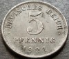 Moneda istorica 5 PFENNIG - GERMANIA / IMPERIUL GERMAN, anul 1921 *cod 3161, Europa