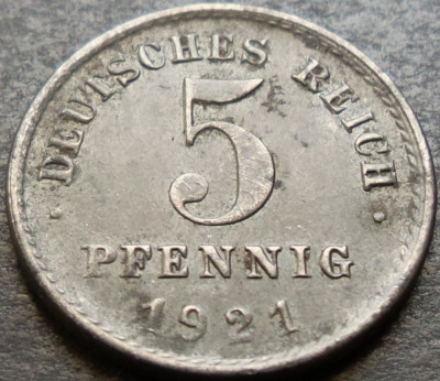 Moneda istorica 5 PFENNIG - GERMANIA / IMPERIUL GERMAN, anul 1921 *cod 3161 foto