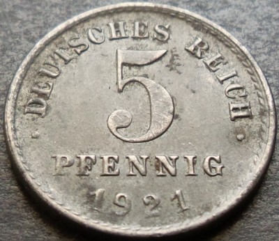 Moneda istorica 5 PFENNIG - GERMANIA / IMPERIUL GERMAN, anul 1921 *cod 3161 foto