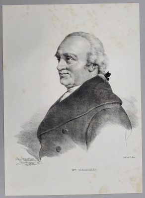 WILLIAM HERSCHEL , ASTRONOM SI COMPOZITOR BRITANIC DE ORIGINE GERMANA , LITOGRAFIE , DESEN de GREVEDON , litografiat de C. MOTTE , 1828 foto