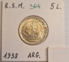 364 San Marino, 5 Lire 1938, Argint, KM#9, Europa