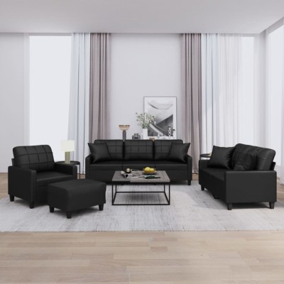 Set de canapele cu perne, 4 piese, negru, piele ecologică foto